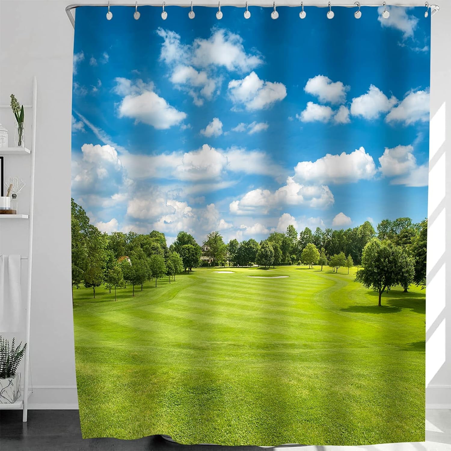 Golf Shower Curtain Course Green Golf Field and Blue Cloudy Sky Sunny Polyester Fabric Shower Curtain Sets with Hooks Waterproof Bathroom Decoration 72x72 Inch