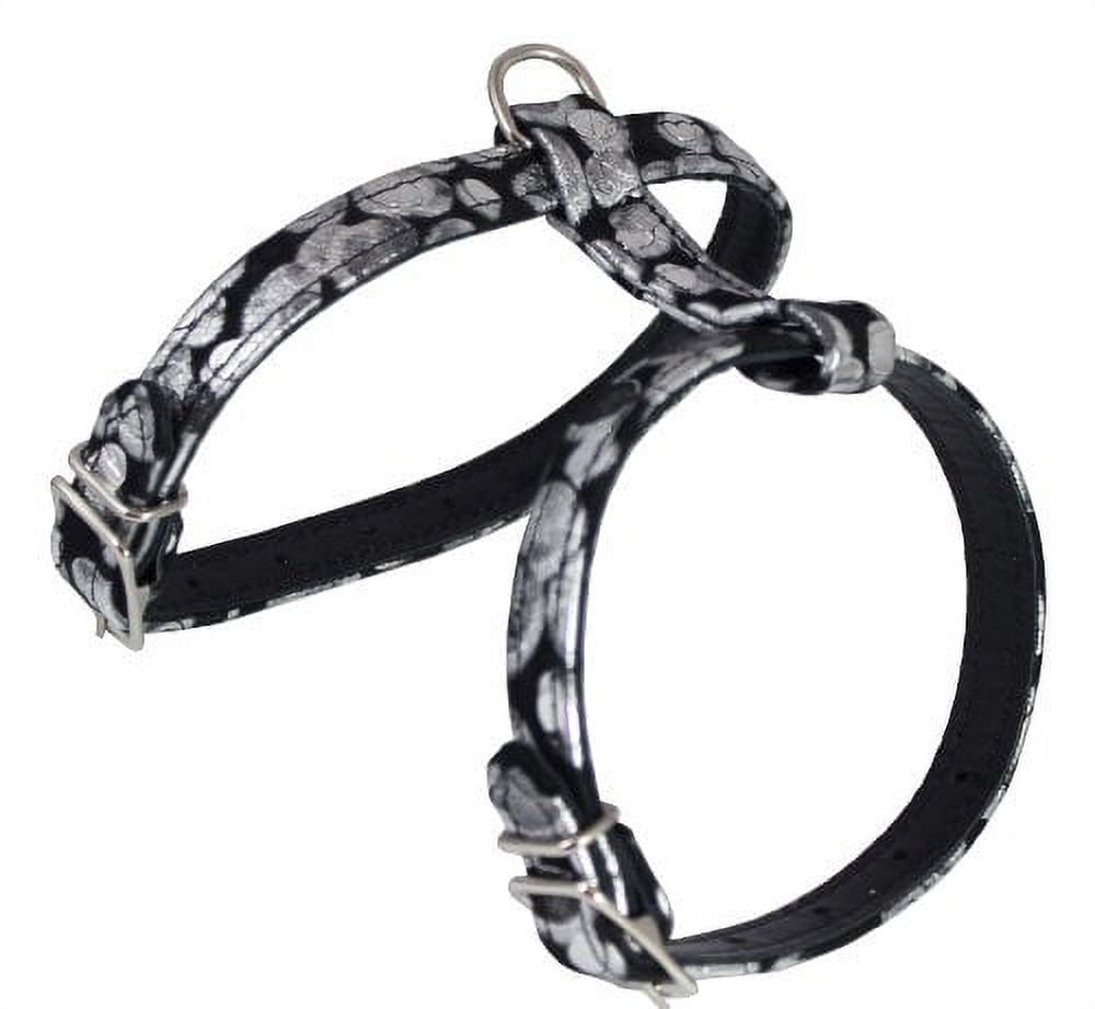 Luxury Black Genuine Leather Silver Print Dog Harness for Toy Breeds. Fits for 11"-14" chest size Yorkshire Terrier, Puppies