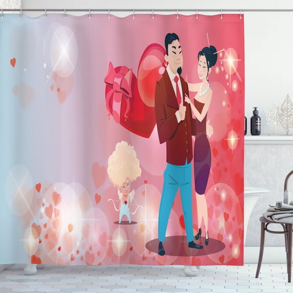 Engagement Party Shower Curtain, Afro Haired Albino Cupid Boy and Lovers on Vanished Heart Patterned Design, Fabric Bathroom Set with Hooks, 69W X 70L Inches, Multicolor, by Ambesonne