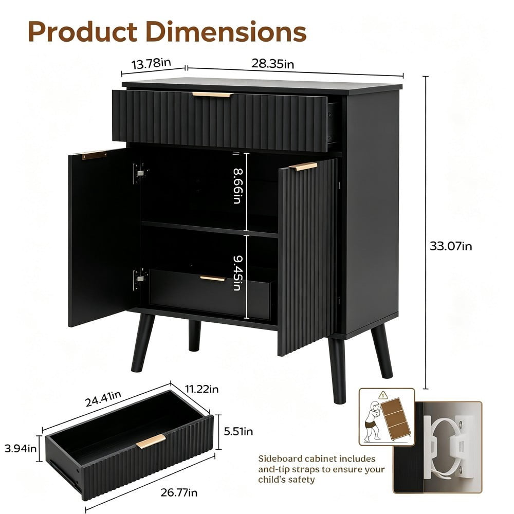 Kitchen Storage Cabinet, Buffet Cabinet with 2 Doors & Drawer, Adjustable Shelves, Wood Sideboard with Solid Wood Legs, Black