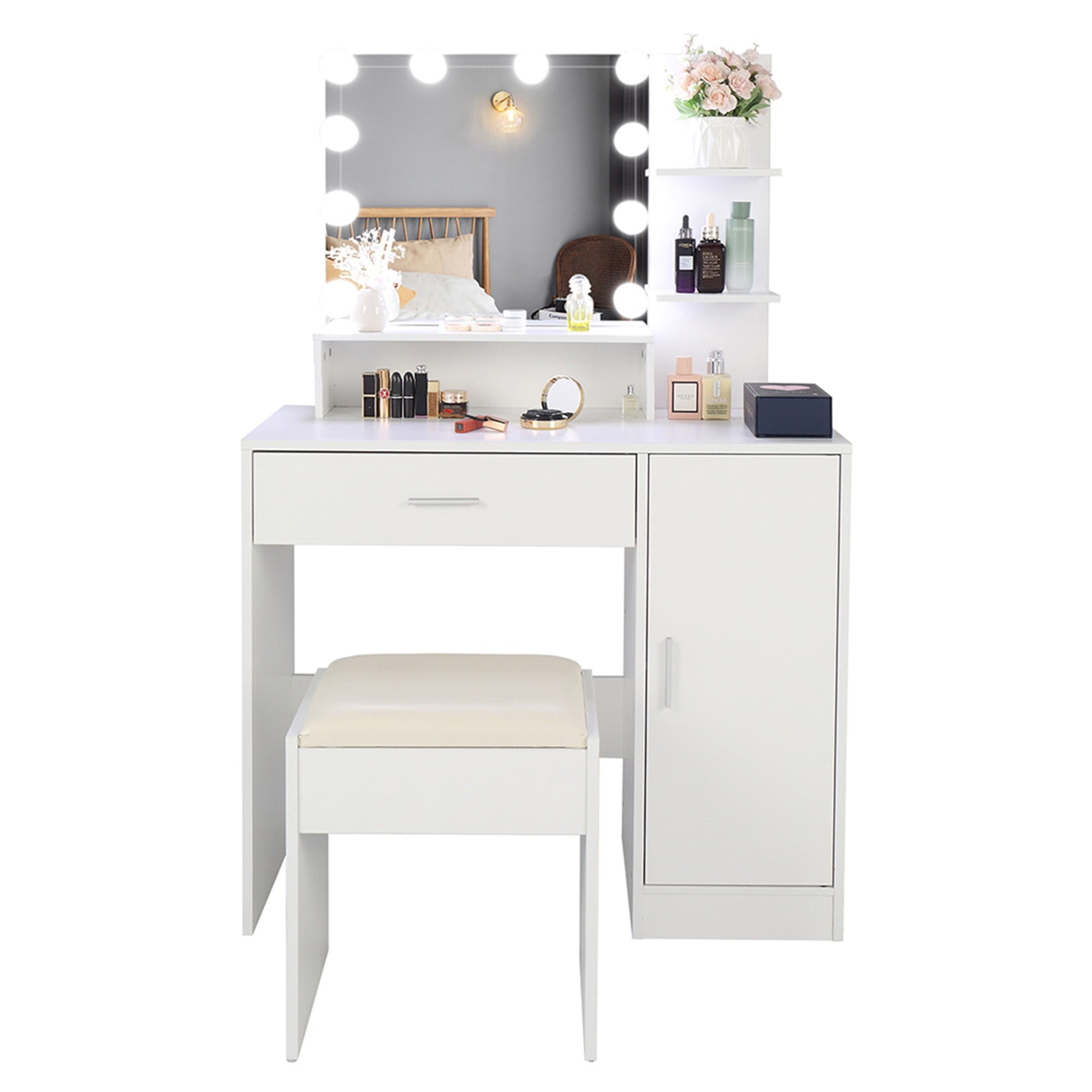Resenkos Large Vanity Desk Set with 10 LED Bulbs, Makeup Dressing Table with Cushioned Stool for Women, Girls, Bedroom, White Resenkos Large Vanity Desk Set with 10 LED Bulbs, Makeup Dressing Table with Cushioned Stool for Women, Girls, Bedroom, White