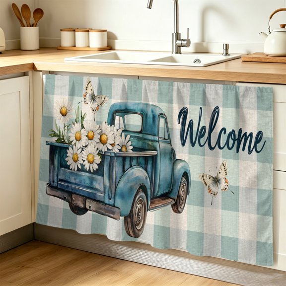 Blue Truck Spring Floral Cabinet Curtain 32"Wx55"L,Dustproof Pantry Door Curtain W/ Self Adhesive Tape,Teal Plaid Butterflies Vintage Tall Storage Cover Privacy Drape for Bathroom Kitchen