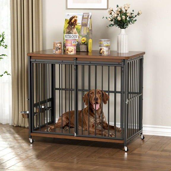 41" Wood Dog Crate Furniture, Large Indoor Dog Kennel with Sliding Lockable Doors,Multi-Side Openings & Feeding Window Pet Cage House,Heavy Duty End Table with Wheels,Brown,M