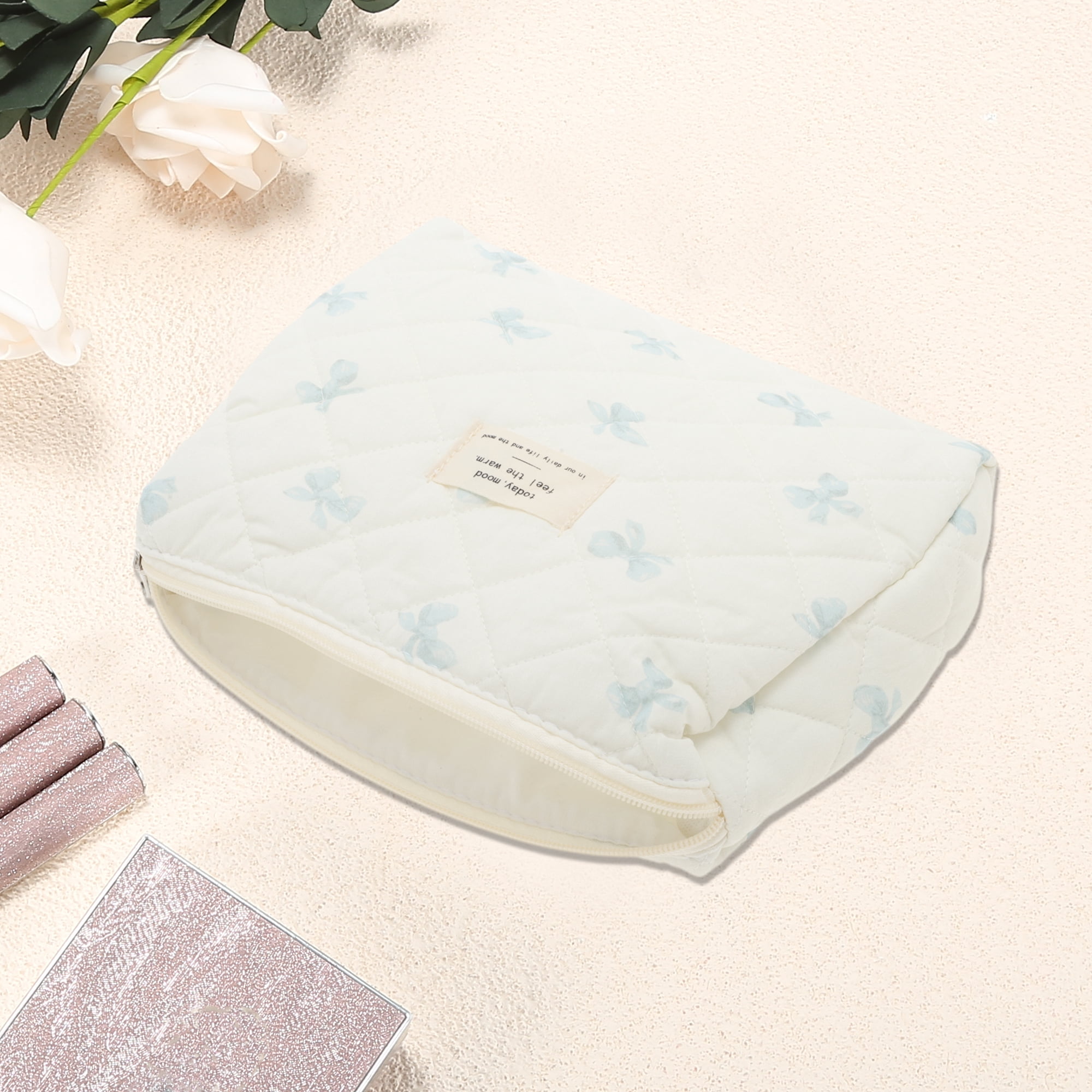 Unique Bargains 1 Piece Bow Quilting Makeup Bag with Smooth Zipper White, Blue