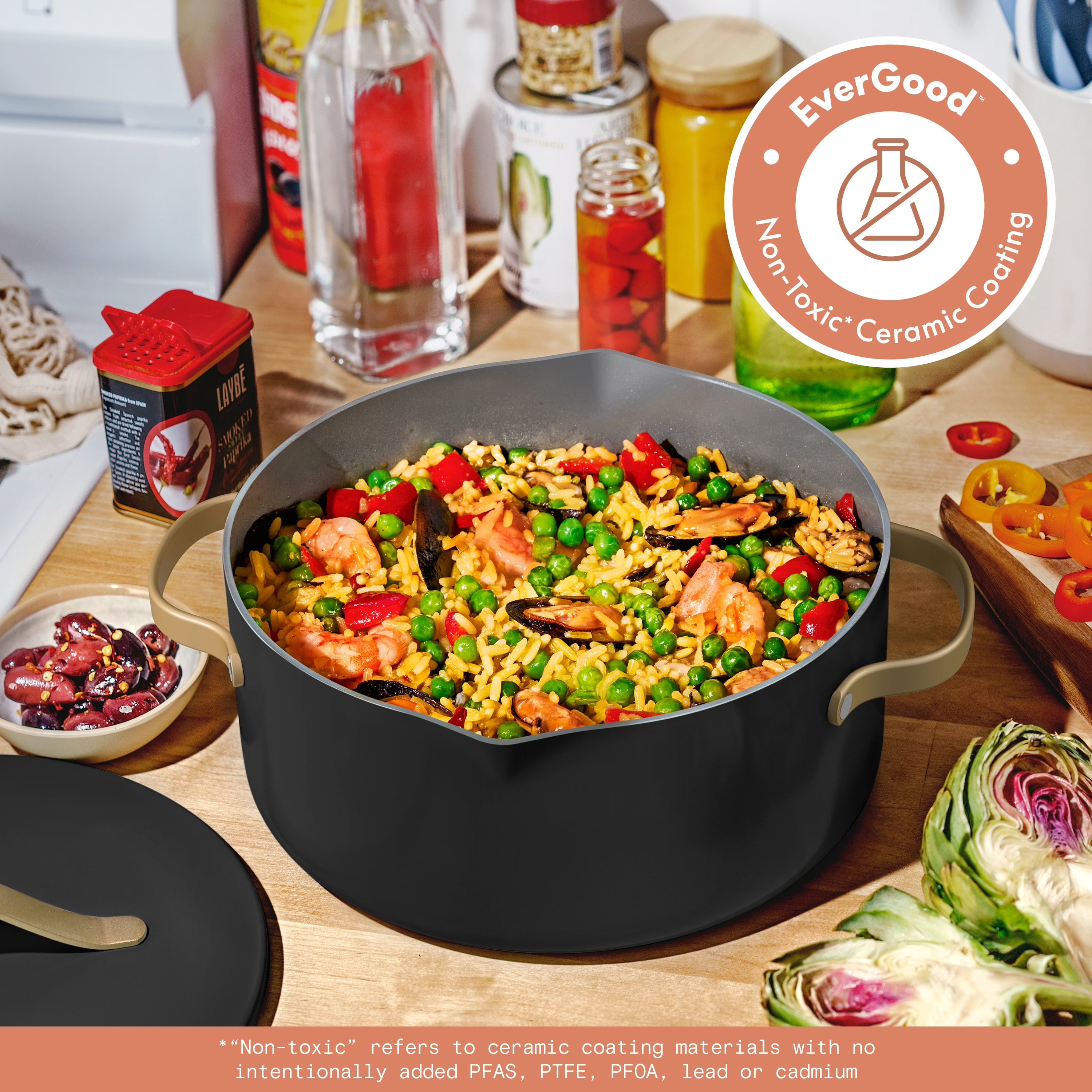Beautiful 5 Quart Dutch Oven with Strainer Lid and EverGood Ceramic Nonstick Coating, Black Sesame by Drew Barrymore