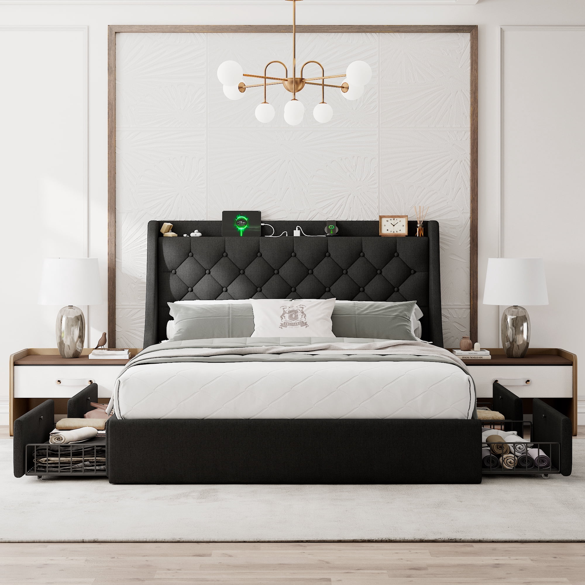 Honfach Queen Bed Frame with 4 Storage Drawers, Upholstered Storage Bed with Charging Station, Wingback Storage Headboard, No Box Spring Needed,Black