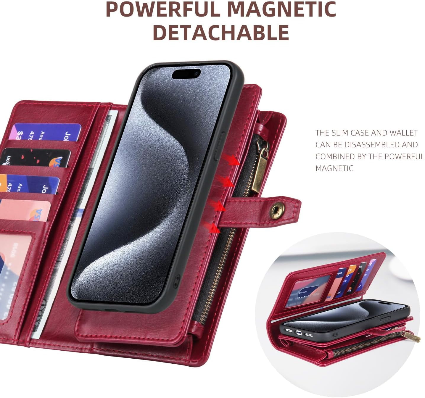 Phone Case Wallet Case Compatible for iPhone 15,iPhone 15 Multifunctional 2 in 1 Magnetic Case Wallet,Durable PU Leather Flip Lanyard Strap Wristlet Zipper Card Holder  for iPhone 15