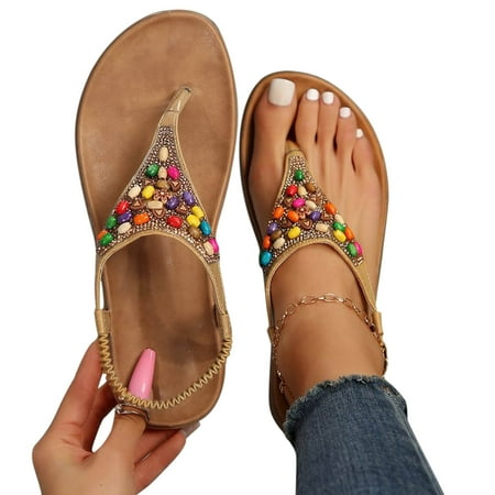 

Jacenvly 2024 New Women s Beaded Roman Style Flat Bottomed T-Shaped Sandals Elastic Band Toe Clip Beach Sandals Slippers Yellow Sandals for Women Clearance