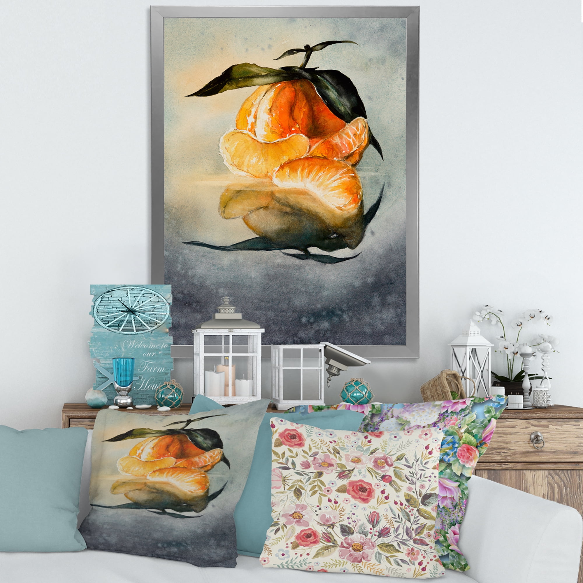 Designart 'One Peeled Fresh Orange Mandarin Under Green Leaves' Traditional Framed Art Print