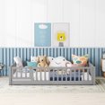 thumbnail image 7 of Bellemave Queen Size Floor Bed for Kids, Wood Toddler Floor Bed with Fence Railings & Support Slats, Montessori Floor Bed for Boys Girls,Gray, 7 of 7