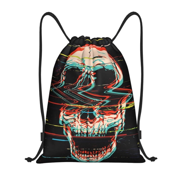 Saiise Glitch Screaming Skull Pattern Sports Drawstring Backpack - String Swim Gym Bag with Wet Proof Pocket for Women&Men-Medium