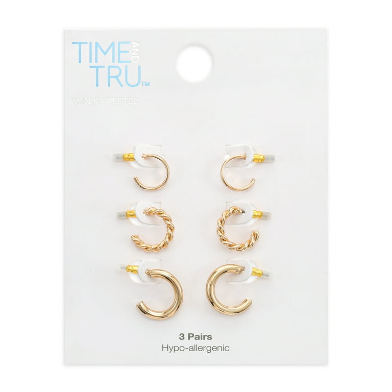 Time and Tru Gold Mini Hoop Earrings Trio, 1/2 Inch Diameter