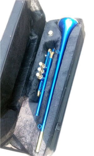 FLAG TRUMPET Low Pitch BLUE.Brass Musical.Instrument With Cushioned Hard Case..