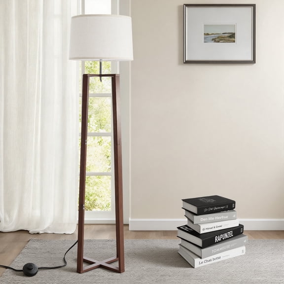 Booniture Bamboo Corner Floor Lamp for Living Room,Linen Shade Floor Lamps for Bedroom,Rustic Standing Lamp for Dining Room and House Décor with E26 Base Walnut