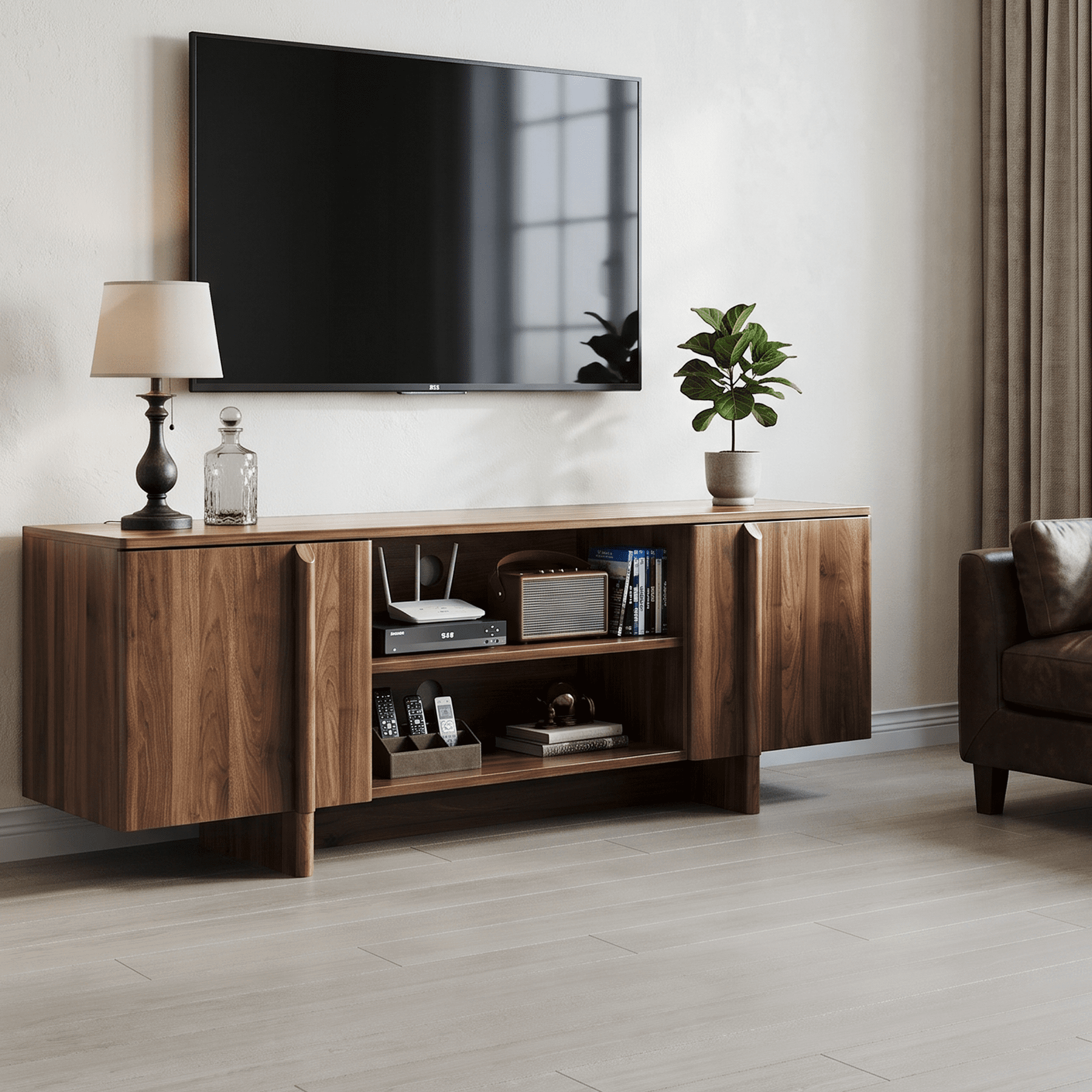 GARITIN TV Stand and Entertainment Center 55 Inch, Mid Century Modern Farmhouse Media Console with Storage Shelves and Cable Management for Living Room, Walnut