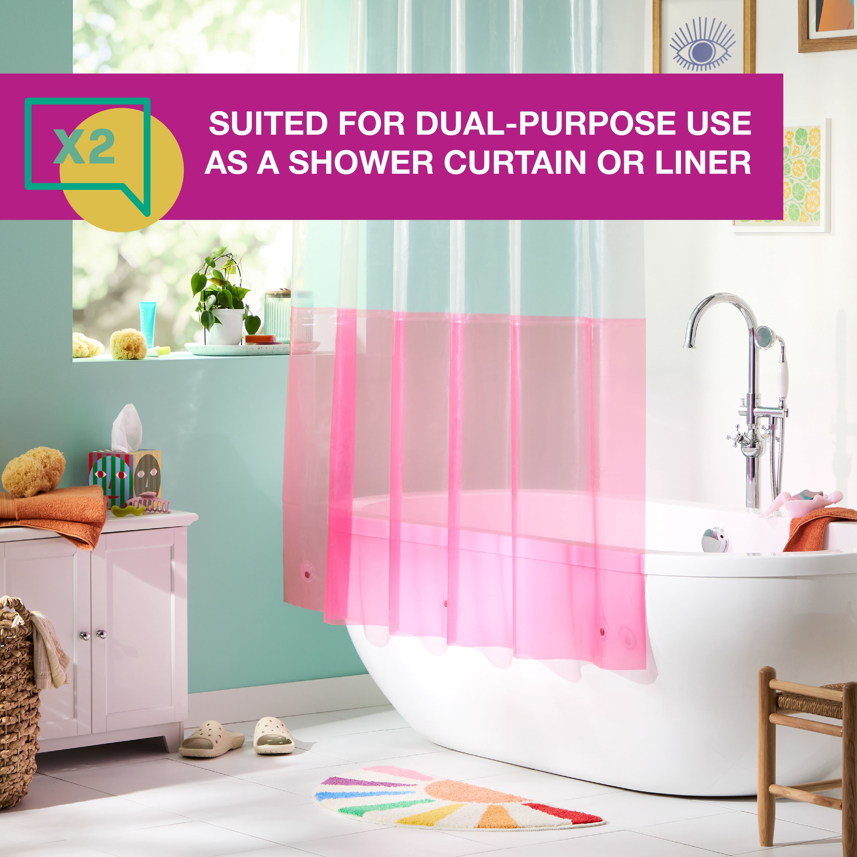 TOWN & COUNTRY PLAY Colorblock Shower Curtain Liner - 100% PEVA, Waterproof, 70"x72", Clear/Green - View #3