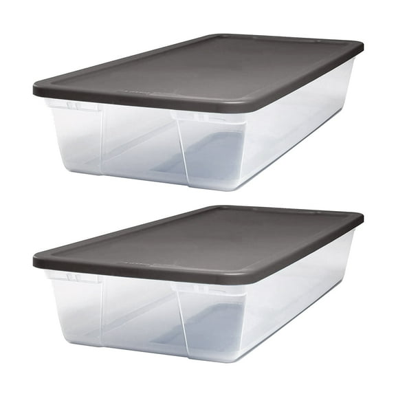 HOMZ 28-Quart Plastic Under Bed Storage Bins w/ Snap-on Lids, Gray, 2 Pack