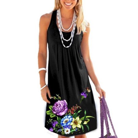 Plus Size Women Floral Sleeveless Summer Shift Midi Dress Casual Loose (Best Shift Dress For Curvy Figure)