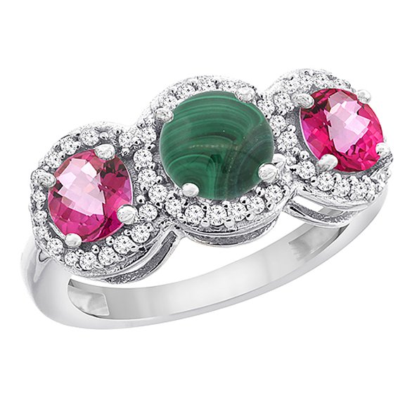 14K White Gold Natural Malachite & Pink Topaz Sides Round 3-stone Ring Diamond Accents, size 5.5