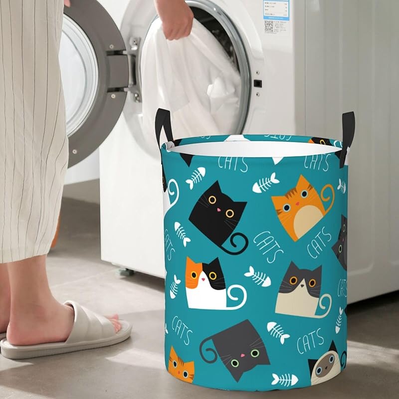 Cute Funny Cats Round Laundry Hamper Storage Basket Toys Clothes Organizer Bin For Home Bathroom Bedroom Dorm Nursery
