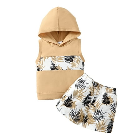 

Infant Baby Boys Clothes Baby Boys Summer Outfits 3-6 Months Boys Sleeveless Hooded Top Shorts 2PCS Set Khaki