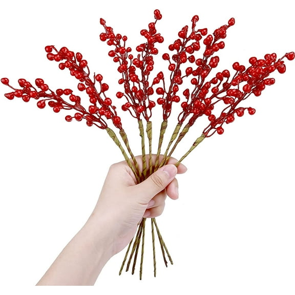 Yirtree 10Pcs Mini Rich Red Artificial Berry Stems Holly Christmas Berries for Christmas Tree 0rnaments DIY Wreath Festival Holiday Home Decor Xmas Flower New Year Home Ornaments