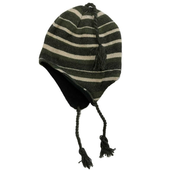 Igloos Mens Khaki Green Striped Peruvian Style Trapper Hat Fleece Lined