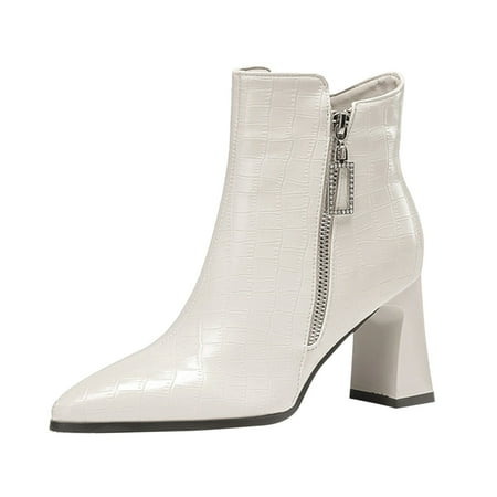 

EUHDSSDE Women Ankle Boots Autumn And Winter Solid Checkered Tip Comfortable Coarse Heel Square Heel Side Zipper