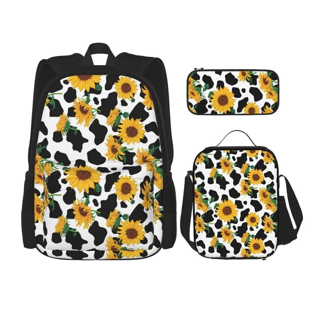 Balery Cute Cow Print Sunflower A Mochila escolar 3 en 1 para niños: mochila resistente con lonchera térmica y estuche para lápices. Mochila escolar para niños y niñas.