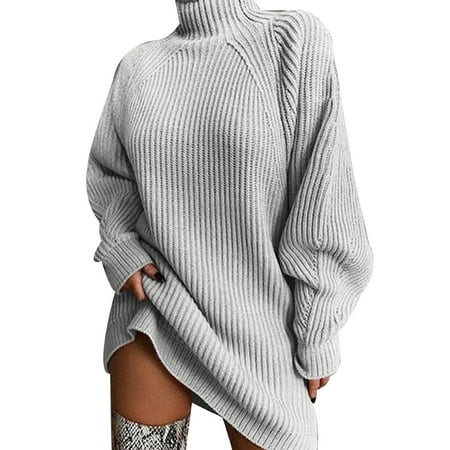 Julycc Womens High Collar Solid Color Loose Sweater Dress Tunic Tops