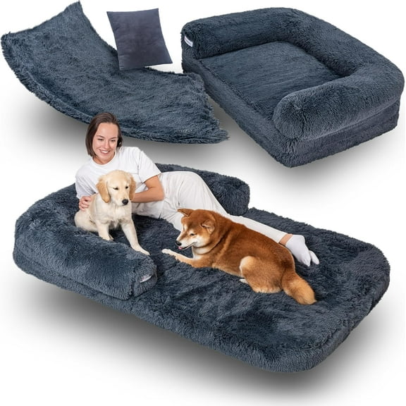 Foldable Human Dog Bed, Orthopedic Memory Foam Human Sized Dog Bed, Waterproof, Faux Fur Pet Couch for Adult, Dark Grey