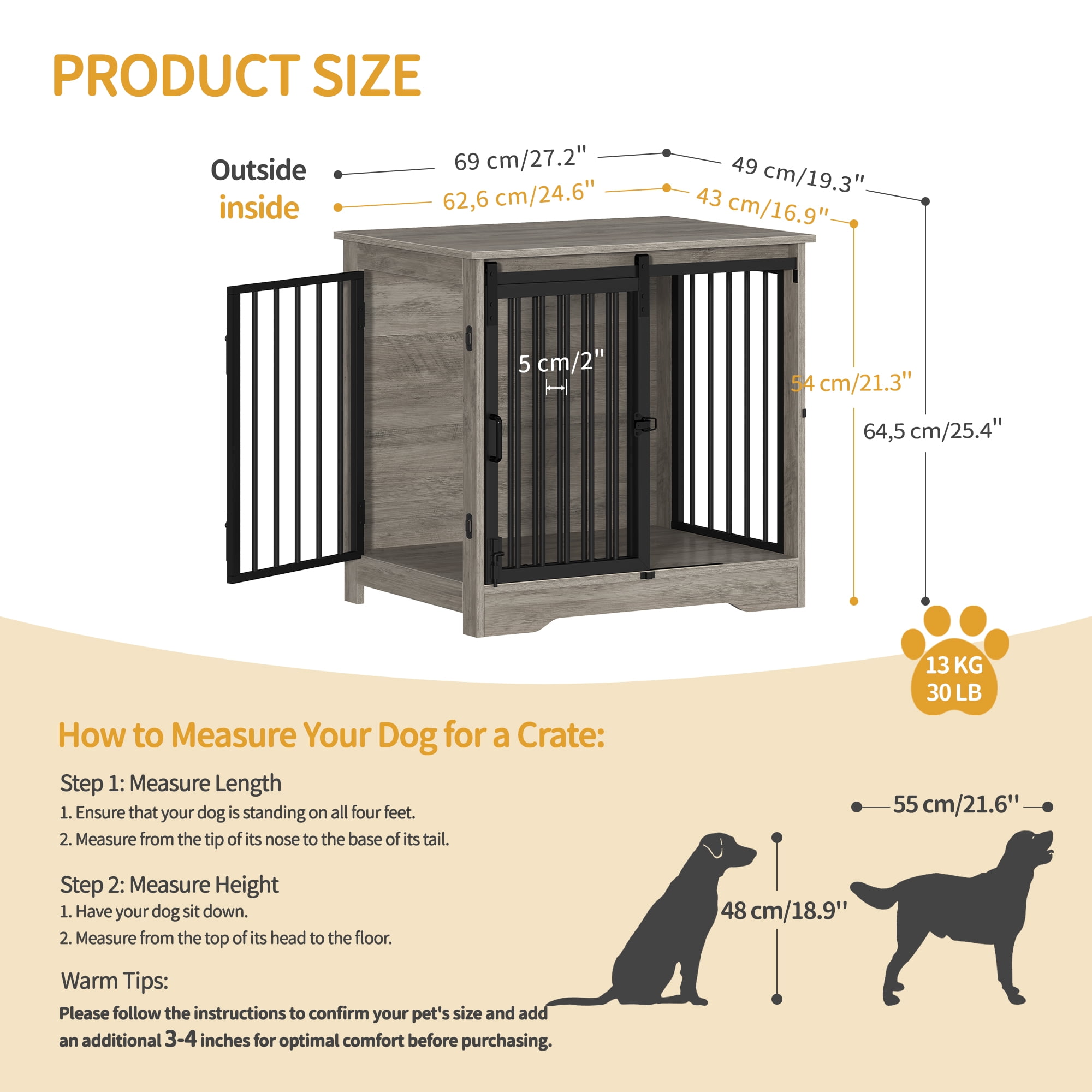 27.2"Dog Crate Furniture with Barn Door,Wooden Pet Cage End Table for Small Medium Dogs up to 22 lb