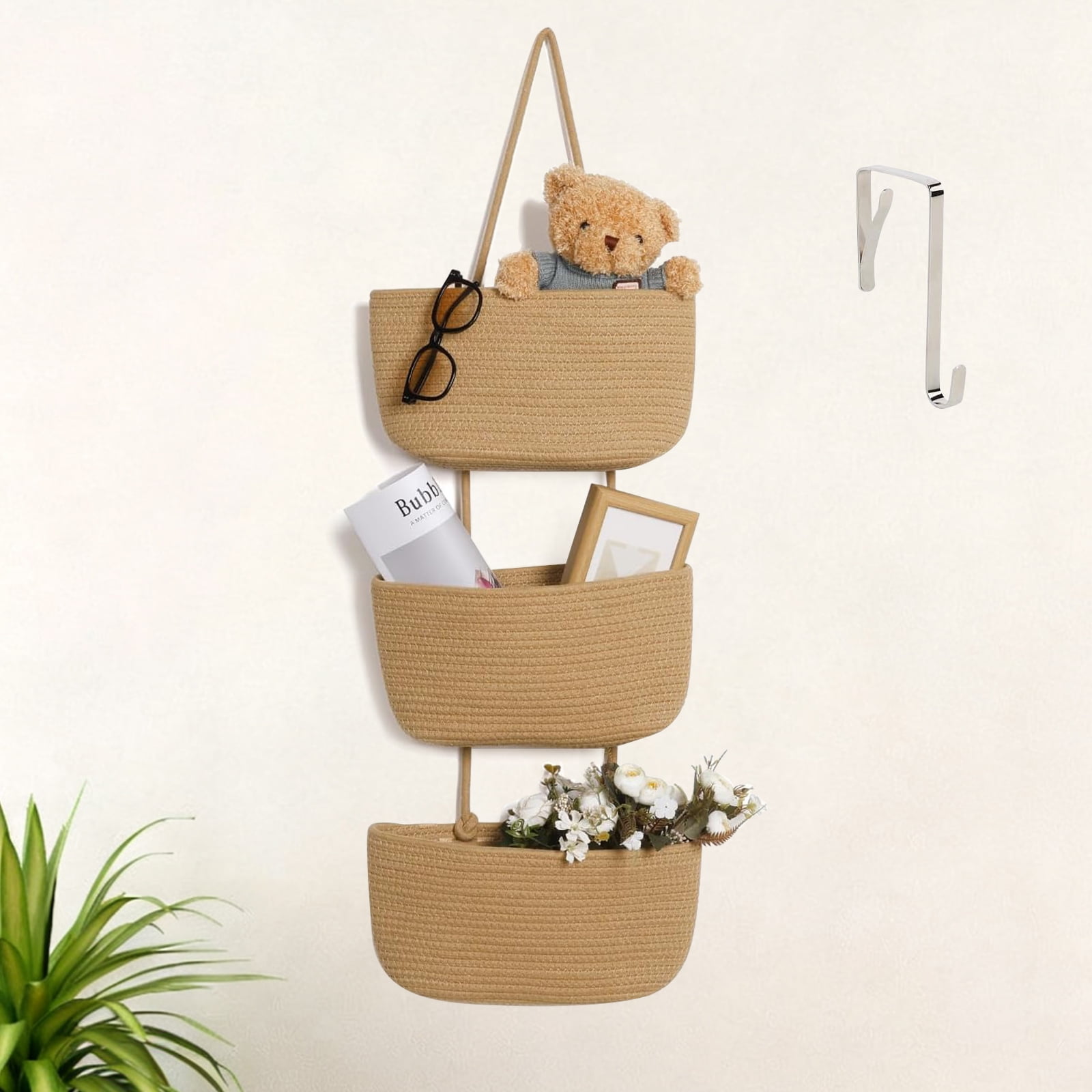 Hanging Baskets, 3-Tier Cotton Rope Woven Hanging Organizer, Detachable Decorative Storage Baskets Over the Door Organizer Nursery with Hooks, for Nursery, Living Room, Bathroom