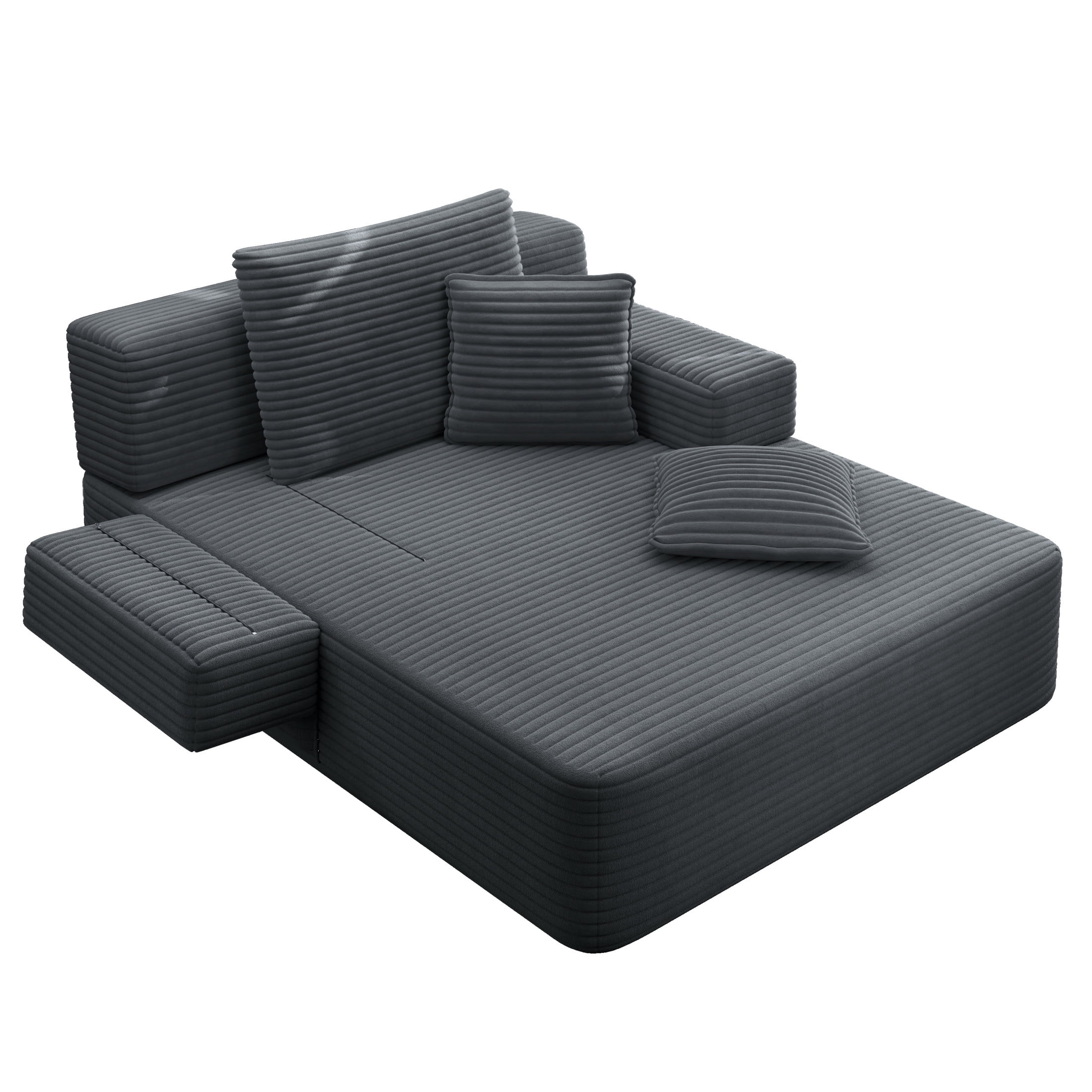 Noble House 49" Plush Corduroy Chaise Lounge, Convertible Sleeper Sofa Bed with Storage Pocket, Small Spaces, Dark Gray