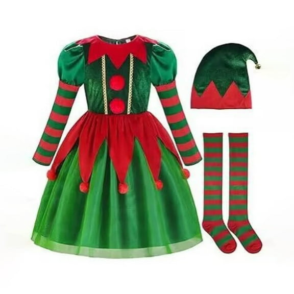 IVEYRTF Children Christmas Performance Sparkly Dress for Holiday Party School Play Festival Role Play Party Outfit with Hat and Socks for Girls Boys(Green,1-2 Years)