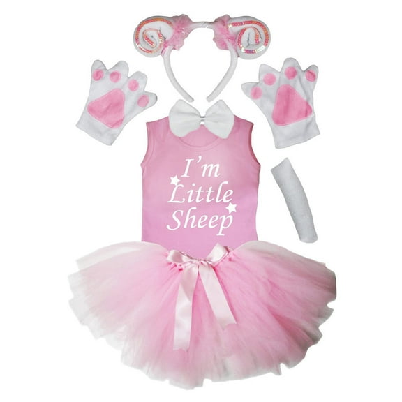 Petitebelle Sheep Headband Bowtie Tail Gloves Tutu Shirt 6pc Costume (White/Pink Sequins, 6-8 Years)