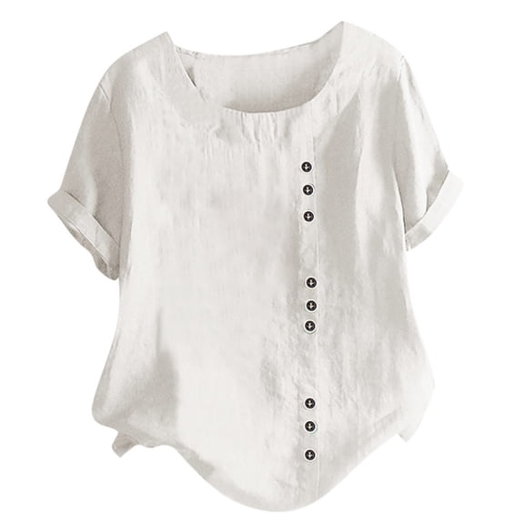 Womens Tops Plus Size for Women Summer 2024 Tshirts Shirts T Short Sleeve Fashion Casual Tshirts, Boho Daily Blouse Button Linen Loose Shirt Tanic Women's