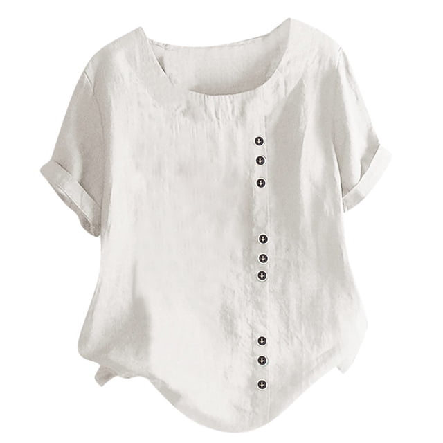 Hauts en Lin Grande Taille pour Femmes T-Shirts Tendance Col Rond Manches Courtes Blouses en Coton Vintage Été Basique