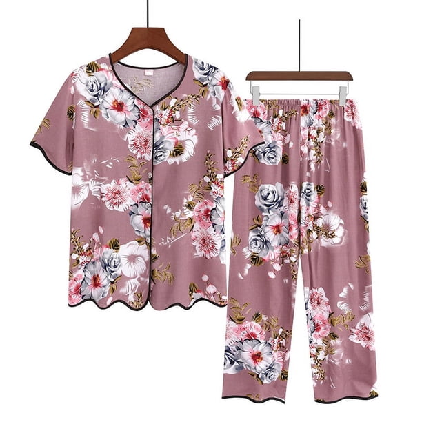 Conjunto de pijama con estampado para madre de mediana edad, ropa de dormir con cuello en V, manga corta, pantalón de nueve puntos, talla grande, para el hogar, XL-5XL