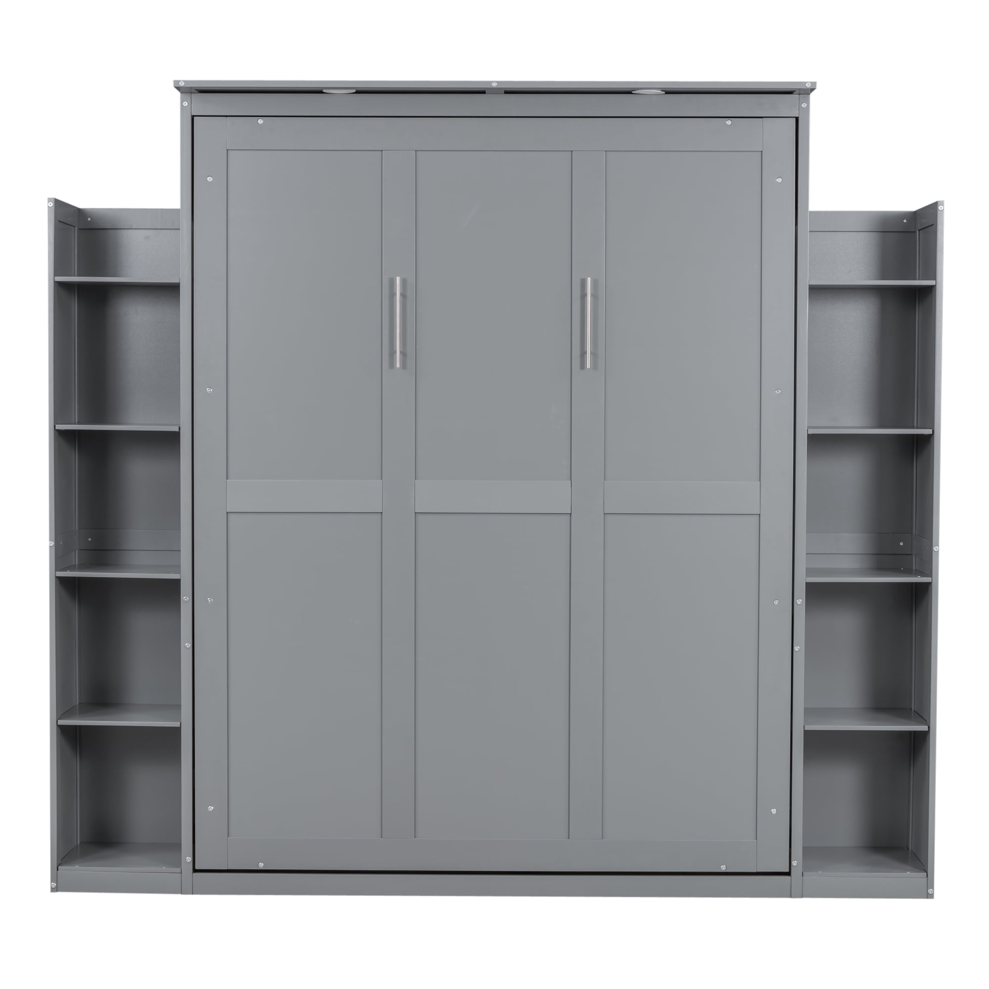Mintazer Queen Size Murphy Bed with Side Bookcases & LED Lights, Folding Wall Cabinet Bed with Storage for Guest Room Home Office Apartment, Grey