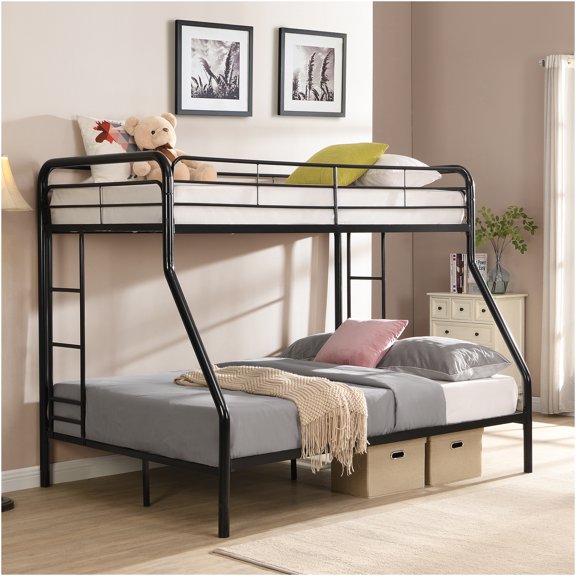 JERFIT Twin over Full Bunk Bed with Stairs, Metal Frame, No Box Spring Needed, High Weight Capacity, Under Bed Storage Space, Easy Assembly, Black