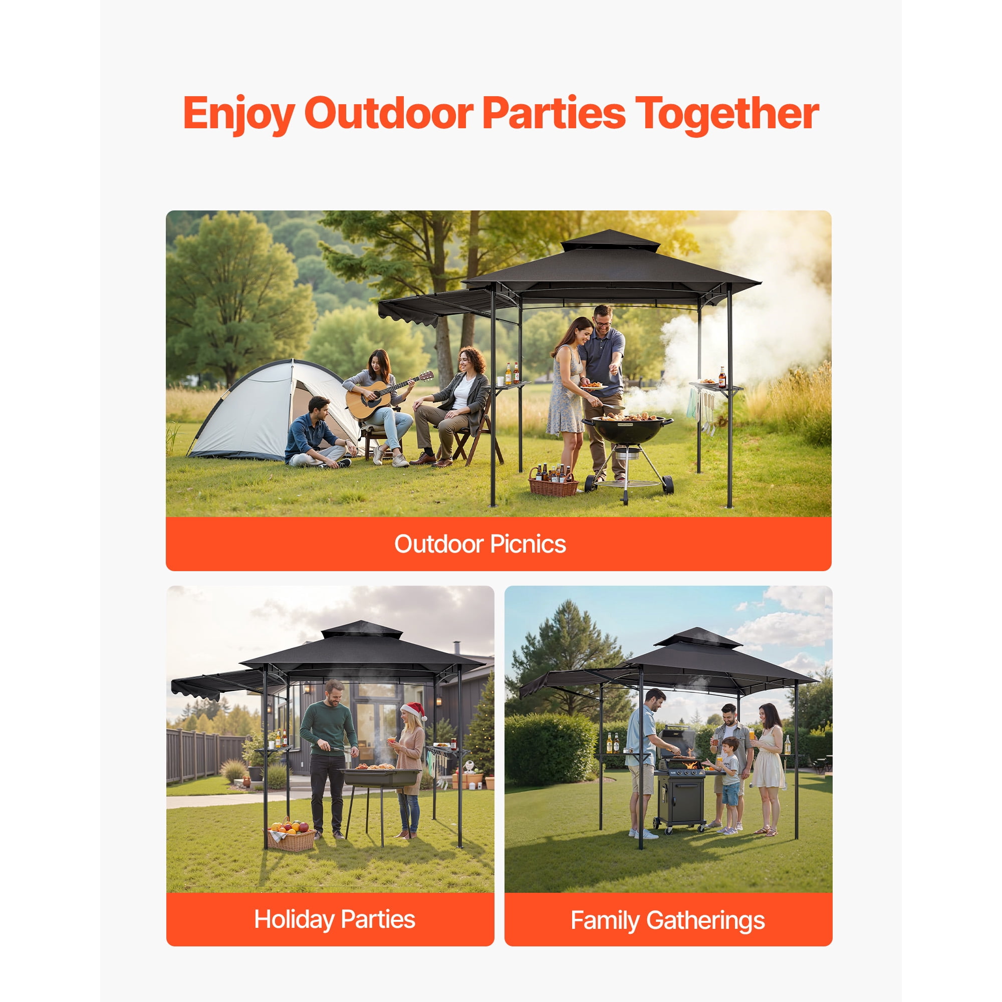 KFFKFF 8 x 5 ft Grill Gazebo with Double-Tier Roof, BBQ Shelter with Awning, Steel Frame, Side Shelves, Bottle Opener & Hooks, Outdoor Canopy for Patio or Garden