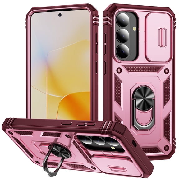 Dteck Case for Samsung Galaxy S26,Shockproof TPU PC Case Ring Holder Kickstand Sliding Lens Cover,Pink