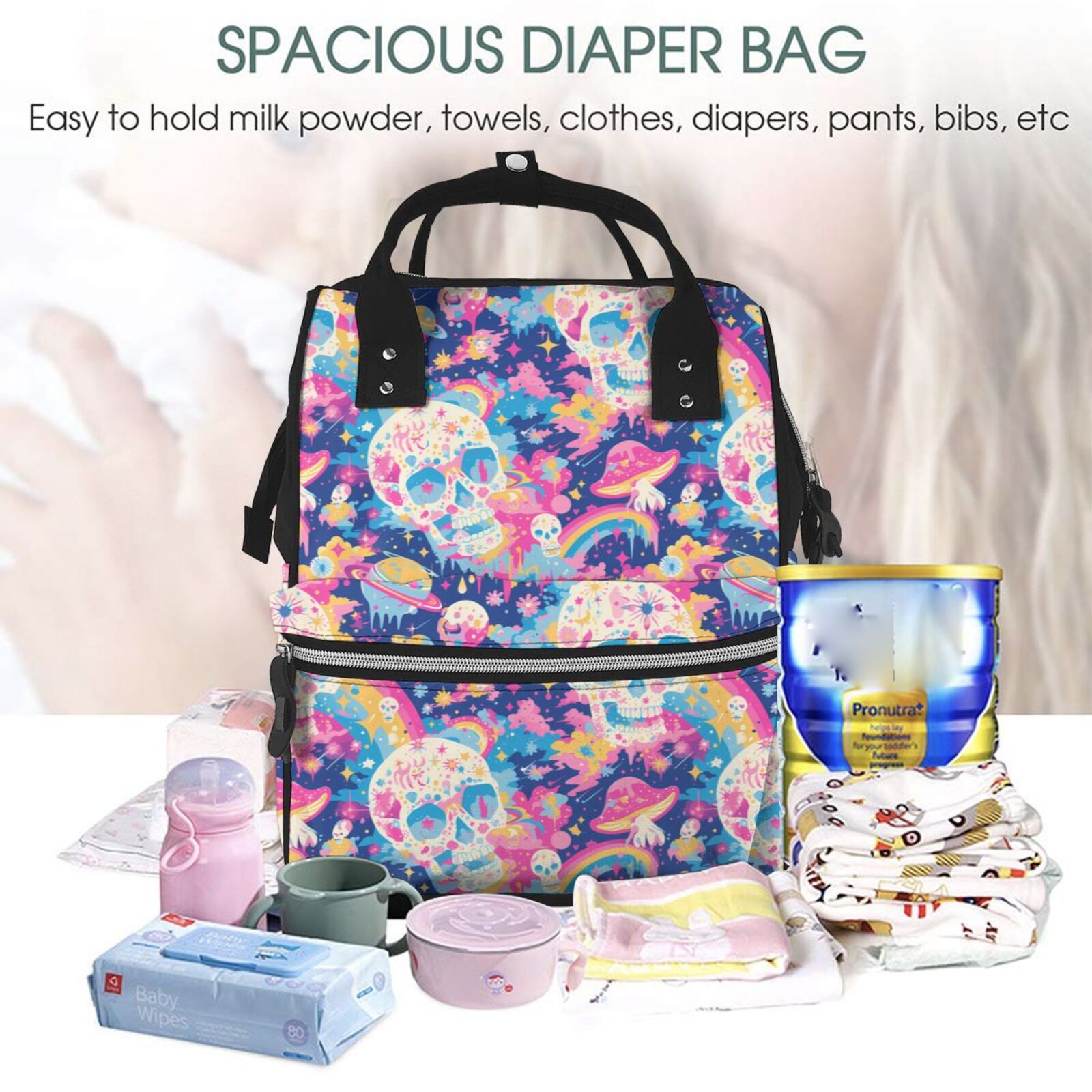 Fuzoiu Skull rainbow color space Print Diaper Bag Backpack,Baby Essentials Travel Tote,Multi function Waterproof Diaper Bag, Travel Essentials Baby Bag - Unisex