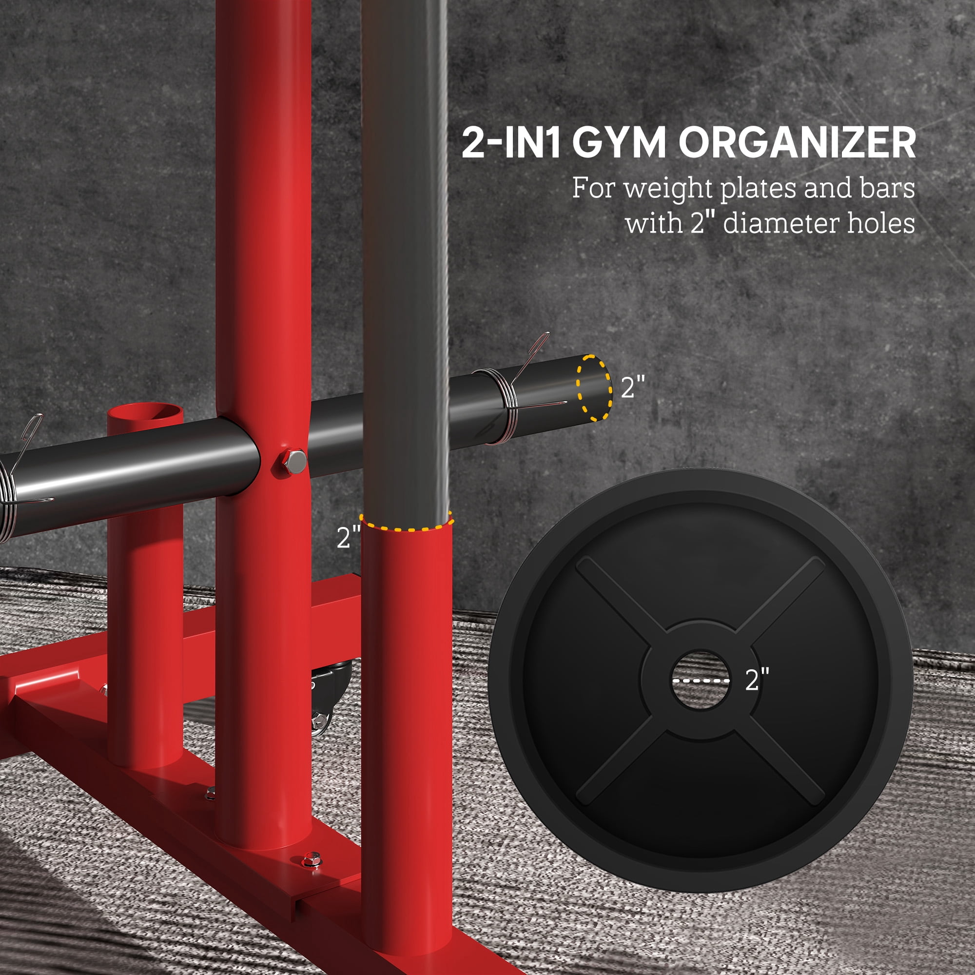 Soozier Olympic Weight Plate Rack for 2 Bars and 2 In. Plates, Barbell Storage Stand with Transport Wheels and Fasteners, 440 lbs. Capacity, Red