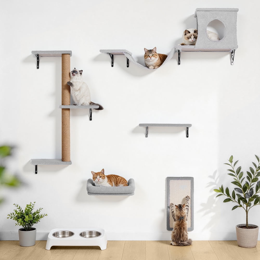 DOMIPET Cat Wall Mounts Shelves Perches Set, Includes Jump Platforms, Hammock, Couch, Cat Tower & Grip, Cat Play Rest Furniture, Cat Tree House for Multiple Cats Sleep, Play, Climb