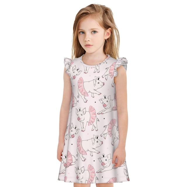 Fotbe Cute Piggy Ballerina Vestido de Dormir para Niñas de 3 a 10 Años, Mangas Cortas, Estilo Princesa, Pijama Camisón con Mangas Voladas-Large