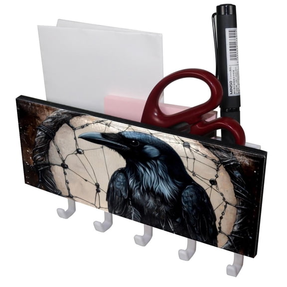 PhooArto Key Holder for Wall Decorative with 5 Key Hooks, Vintage Raven Dream Catcher Holders Wall Mount Organizer with Mail Key Rack, Self Adhesive