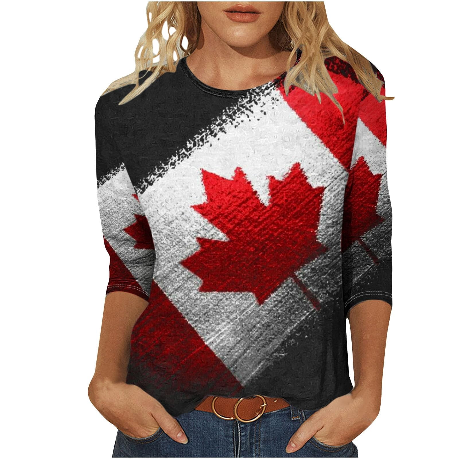 WEIYLL T-Shirts pour Femmes Manches 3/4 Fête du Canada Imprimé Feuille d'Érable Été T-Shirt Rouge Tailles TTG