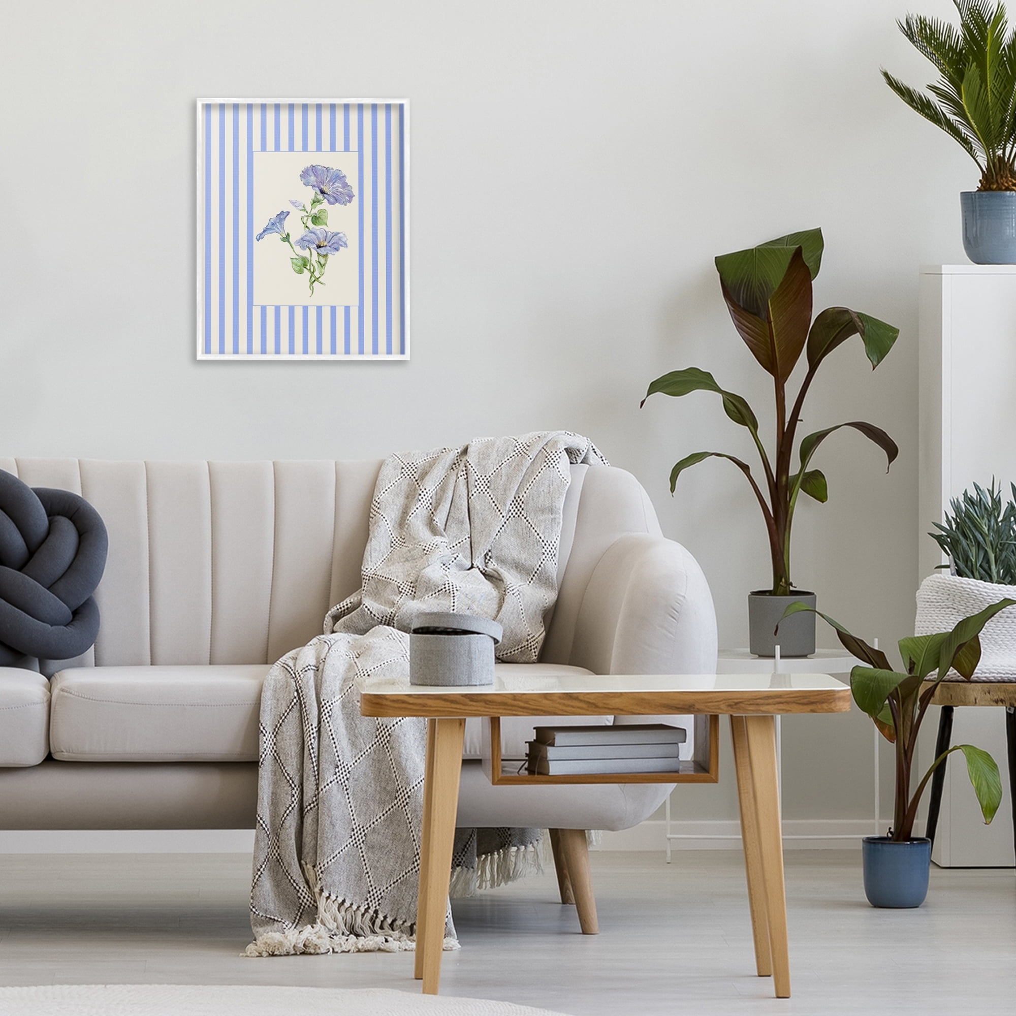 Blue Stripe Morning Glory White Framed Giclee Art, design by Lisa Wehmeyer
